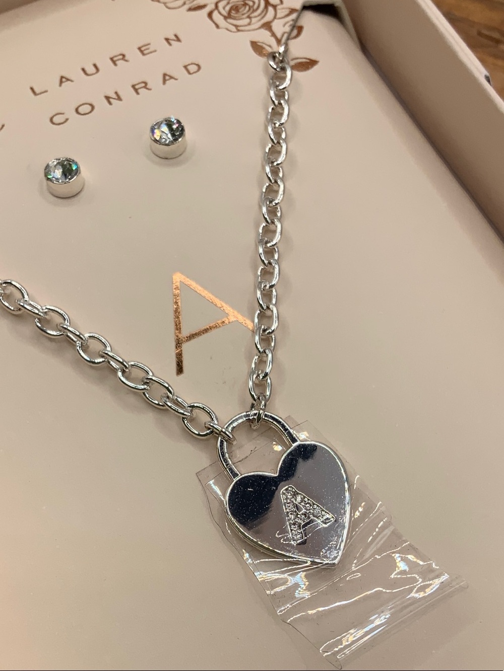 LC Lauren Conrad Silver Heart Padlock with Crystal 'A' Accent Necklace Set